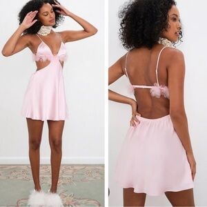 For Love & Lemons Tulle Trim Satin Cut Out Mini Slip Dress NWT Pink